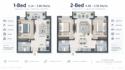 Apartment sizes Elanza Creeks, 1 bed and 2 bed layout comparison in marla and square feet