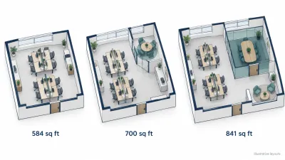 Illustrative layouts of 584, 700 and 841 sq ft offices with desks and meeting areas.