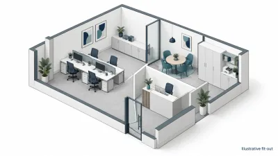 Illustrative compact office with workstations and a small meeting corner.