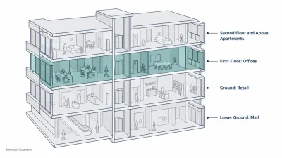 Building diagram showing retail levels, first-floor offices and residential floors above.