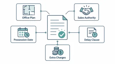 Five-point office purchase checklist covering the plan, sales authority, possession date, delay clause and extra charges.