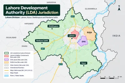 Map of Lahore Division showing LDA jurisdiction across Lahore, Kasur, Sheikhupura and Nankana Sahib, with Lahore and Walton Cantonments, DHA Lahore and RUDA areas highlighted separately.