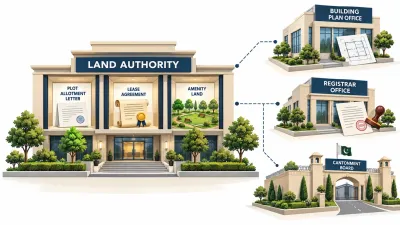 Illustration of a central authority building holding allotment, lease and park icons, with separate offices for building plans, deed registration and cantonment land standing outside it.