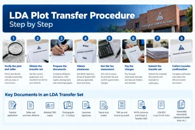 DA plot transfer procedure infographic showing eight steps from ownership verification and document preparation to fee payment and transfer confirmation.